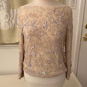 Badgley Mischka Beige and Lilac Embroidered Top